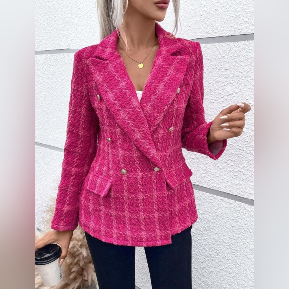 Women's Pink Plaid Double-Breasted Blazer